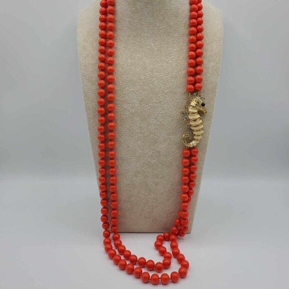 J. Crew Jewelry - J Crew Reddish Orange Double Strand Beads with Gold Tone Crystal Seahorse